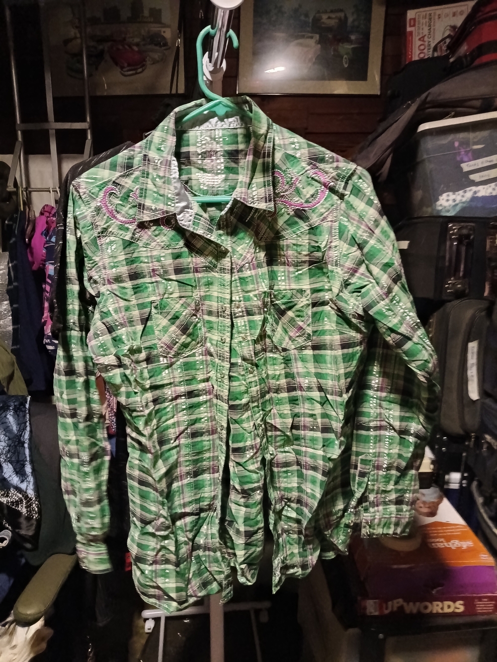 Men's Green Plaid Long-Sleeve Button-Down Shirt with Embroidered Yoke